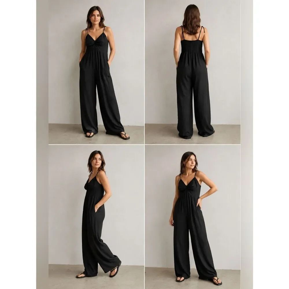 Old Navy Black Linen Blend Tie-Shoulder Cropped Twist Jumpsuit  Sz 3X * Notes